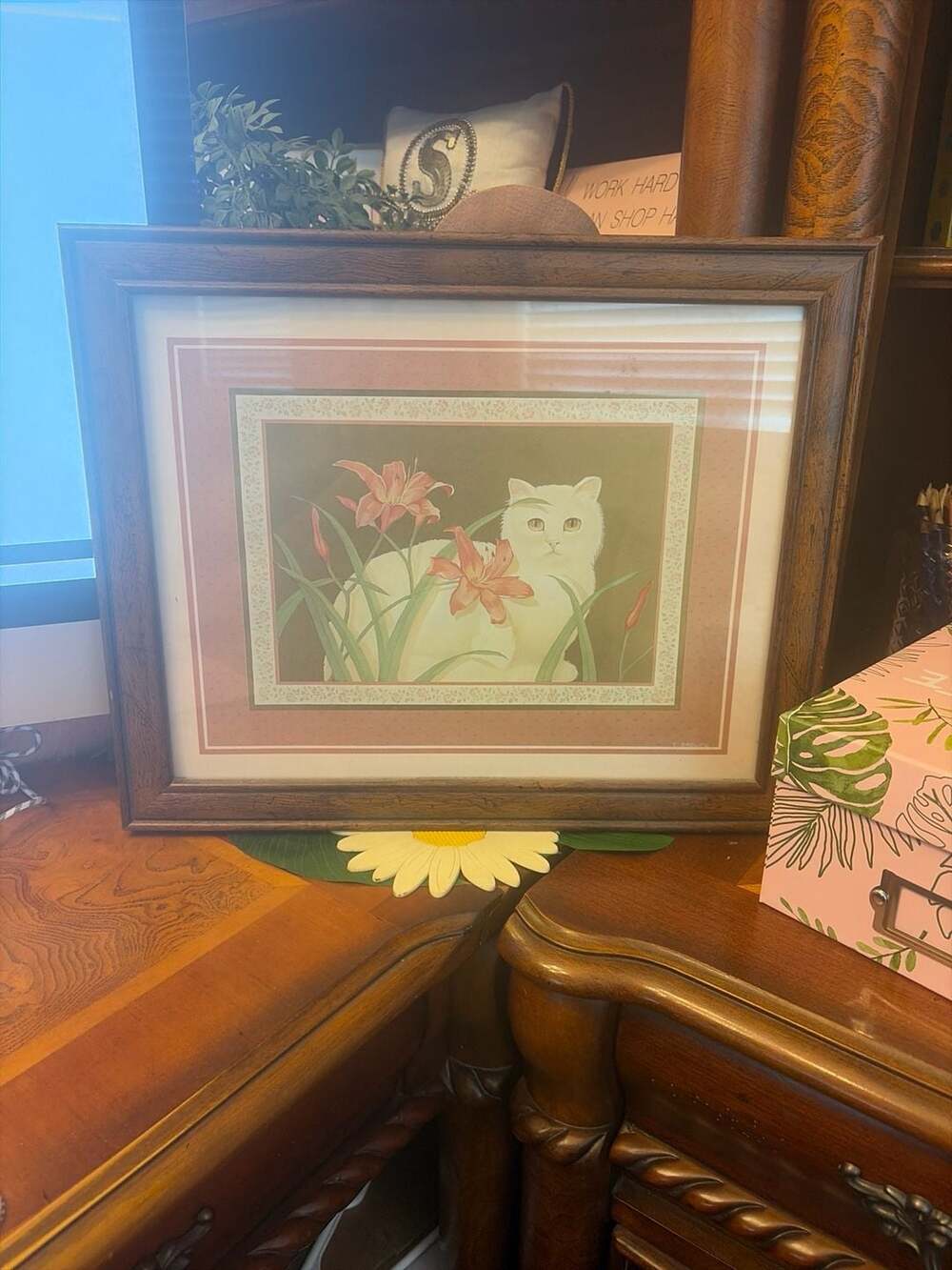 Vintage E. Brownd Framed Lithograph White Cat in Lilies by Intercraft